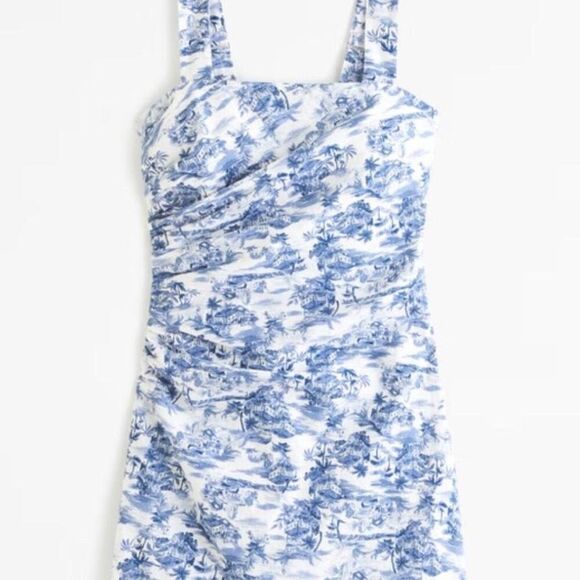 ✨Abercrombie & Fitch Linen-Blend Ruched Squareneck Mini Sz Medium Dress✨ - Picture 3 of 7